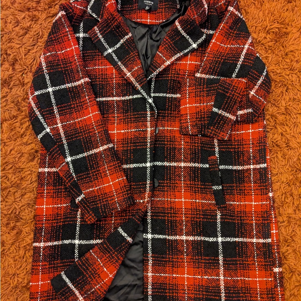 Size 2 Torrid Red and Black Plaid Midi Coat